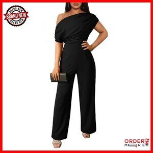 Sleeveless Off-Shoulder Wide Leg Jumpsuit - Polyester Spandex Stretchy